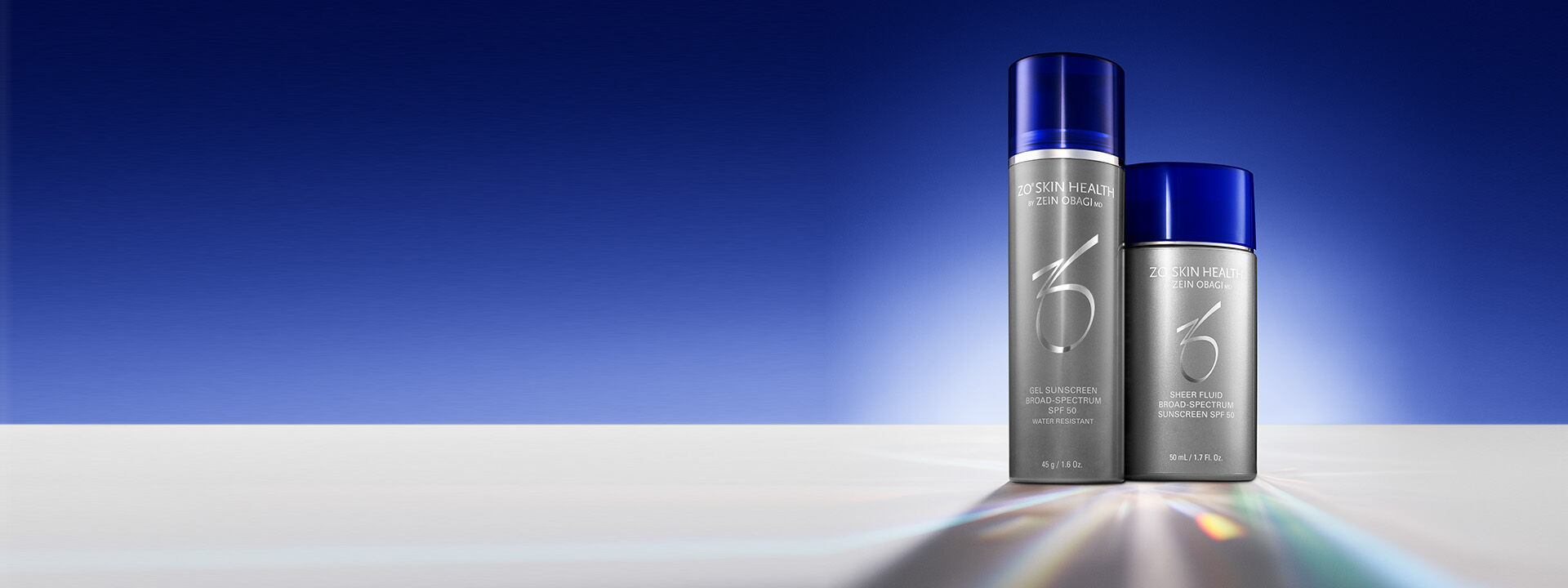 Gel and Sheer Fluid Sunscreens on stylized blue and grey background
