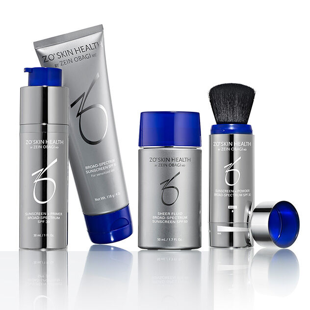 Group shot of physical sunscreens on white background